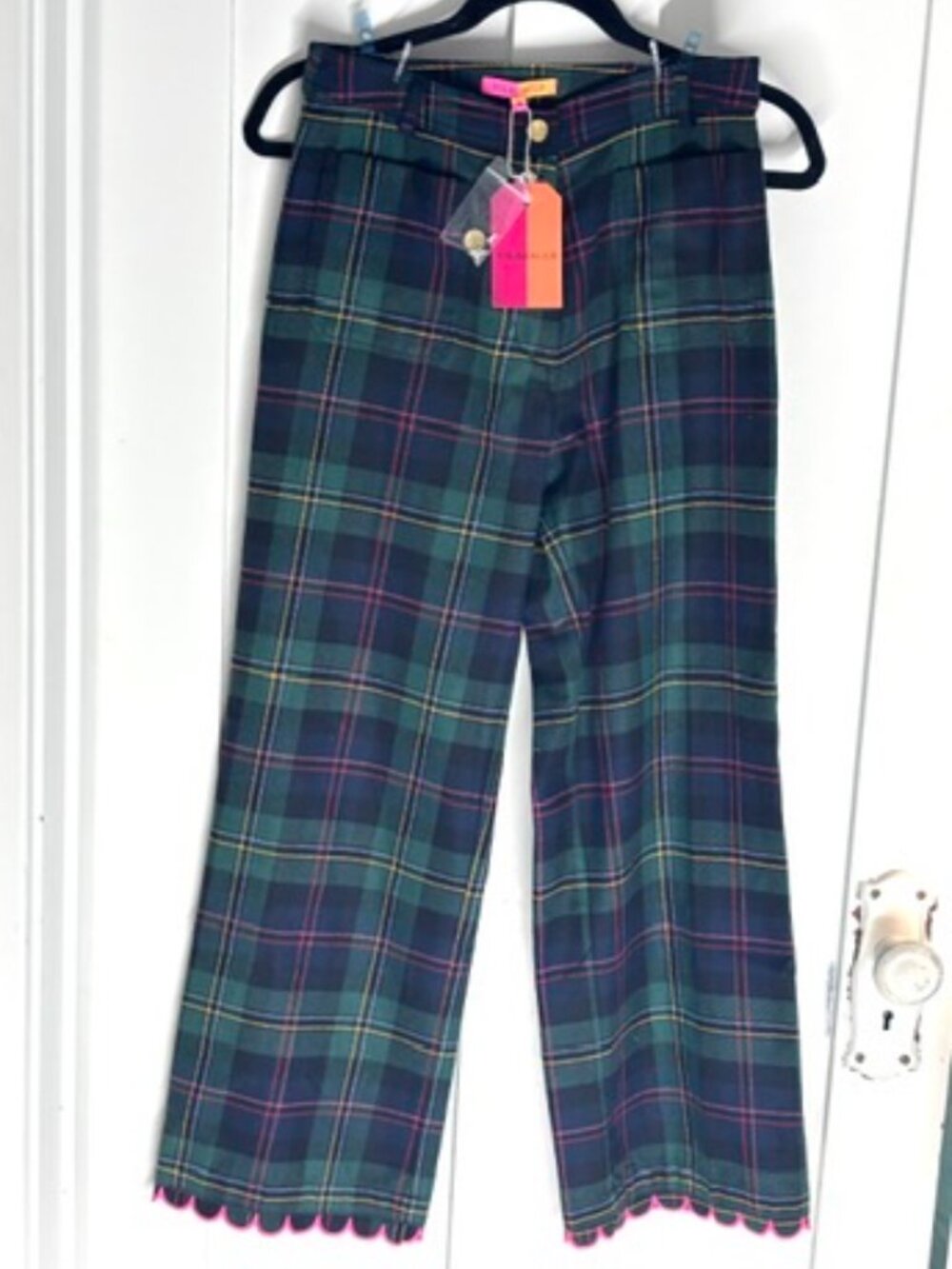 NWT Vilagallo Tartan Plaid Scallop Hem Trousers Pants Pink Trim Sz 38 -US 8 $239